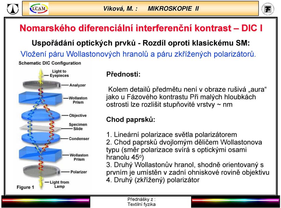 Přednosti: Kolem detailů předmětu není v obraze rušivá aura jako u Fázového kontrastu Při malých hloubkách ostrosti lze rozlišit stupňovité vrstvy ~ nm Chod