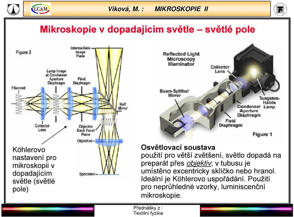 dopadá na preparát přes objektiv; v tubusu je umístěno excentricky sklíčko nebo hranol.