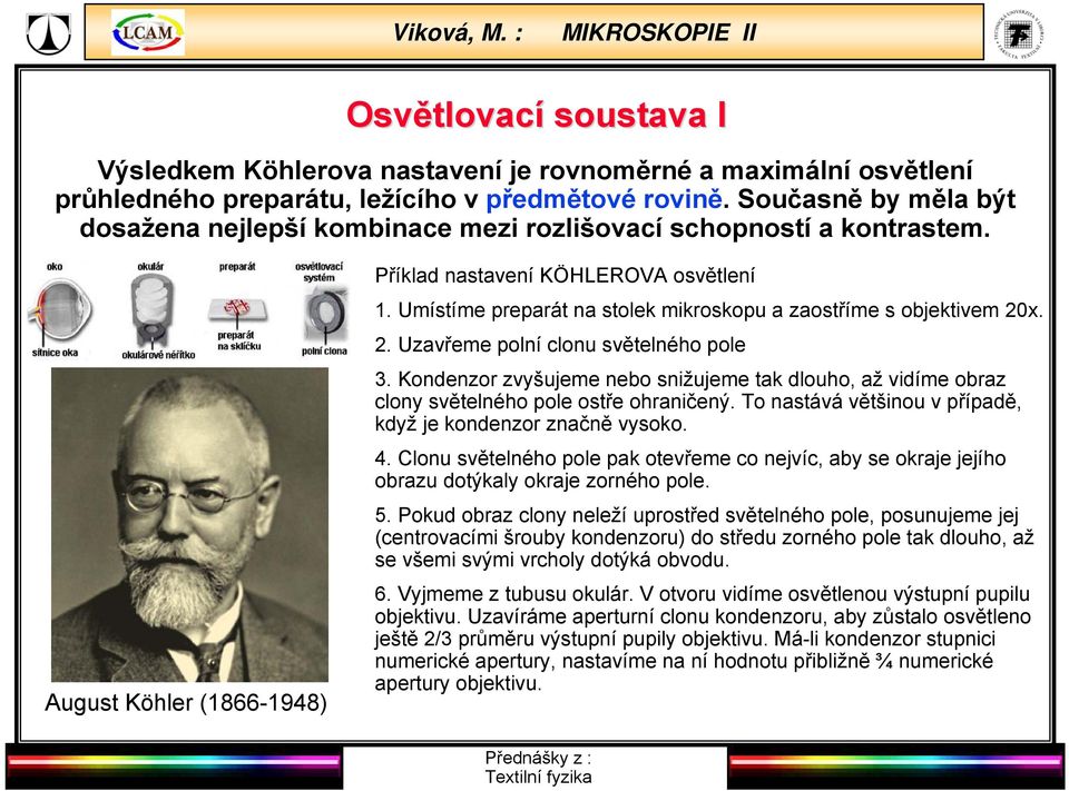 Umístíme preparát na stolek mikroskopu a zaostříme s objektivem 20x. 2. Uzavřeme polní clonu světelného pole 3.