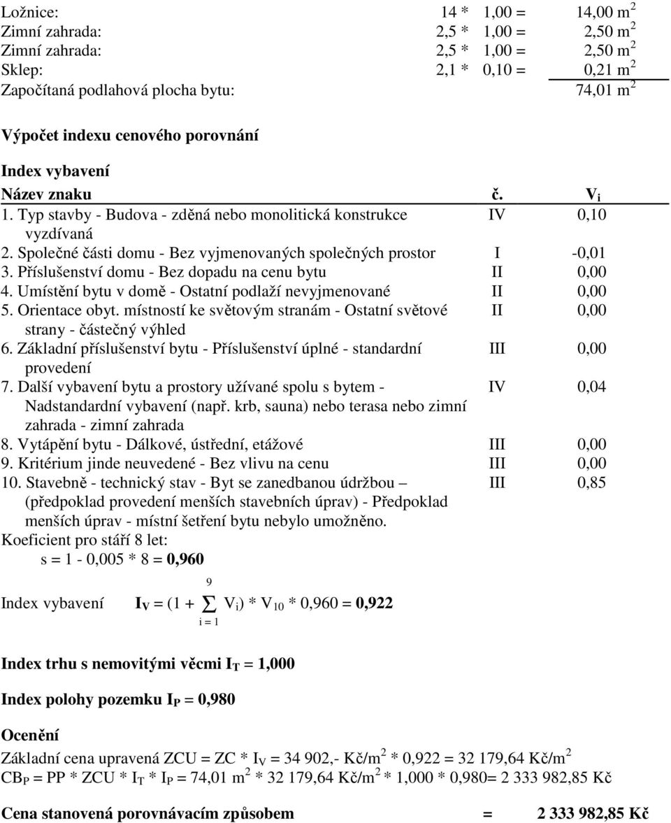 Společné části domu - Bez vyjmenovaných společných prostor I -0,01 3. Příslušenství domu - Bez dopadu na cenu bytu II 0,00 4. Umístění bytu v domě - Ostatní podlaží nevyjmenované II 0,00 5.