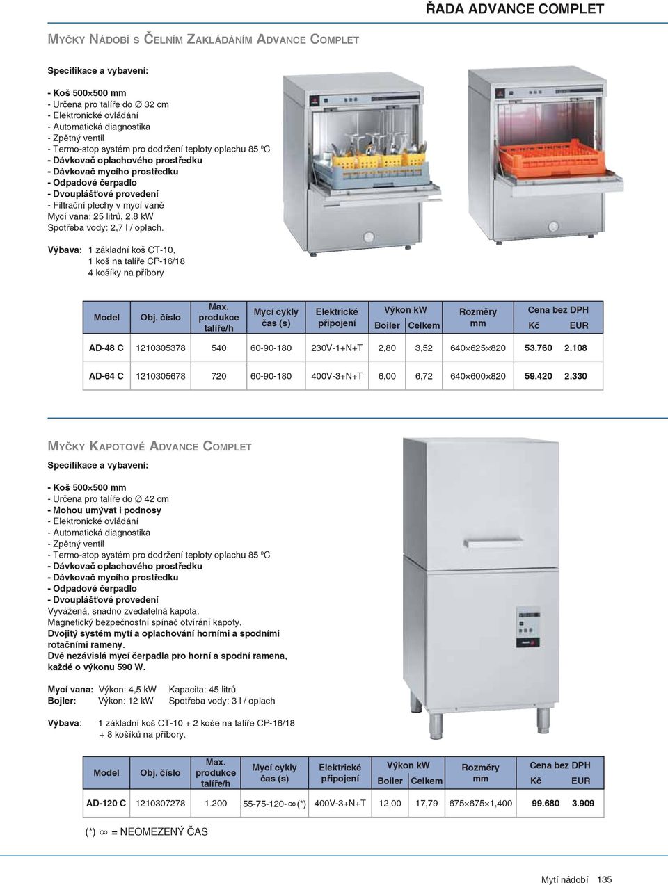 Výbava: 1 základní koš CT-10, 1 koš na talíře CP-16/18 4 košíky na příbory Mycí cykly čas (s) Boiler Celkem AD-48 C 1210305378 540 60-90-180 230V-1+N+T 2,80 3,52 640 625 820 53.760 2.