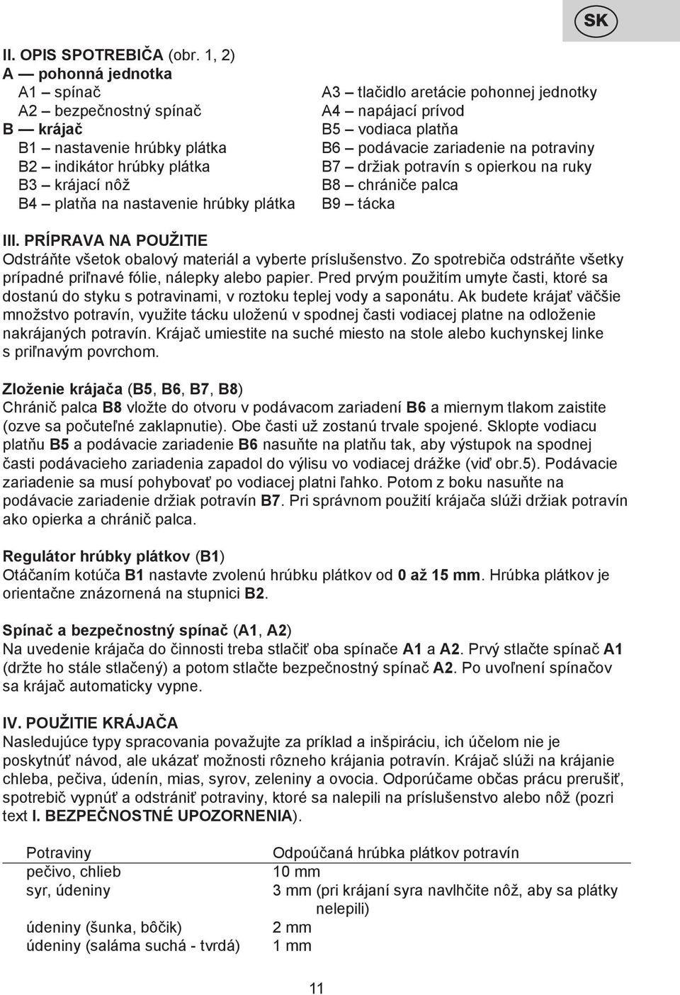 pohonnej jednotky A4 napájací prívod B5 vodiaca platňa B6 podávacie zariadenie na potraviny B7 držiak potravín s opierkou na ruky B8 chrániče palca B9 tácka III.
