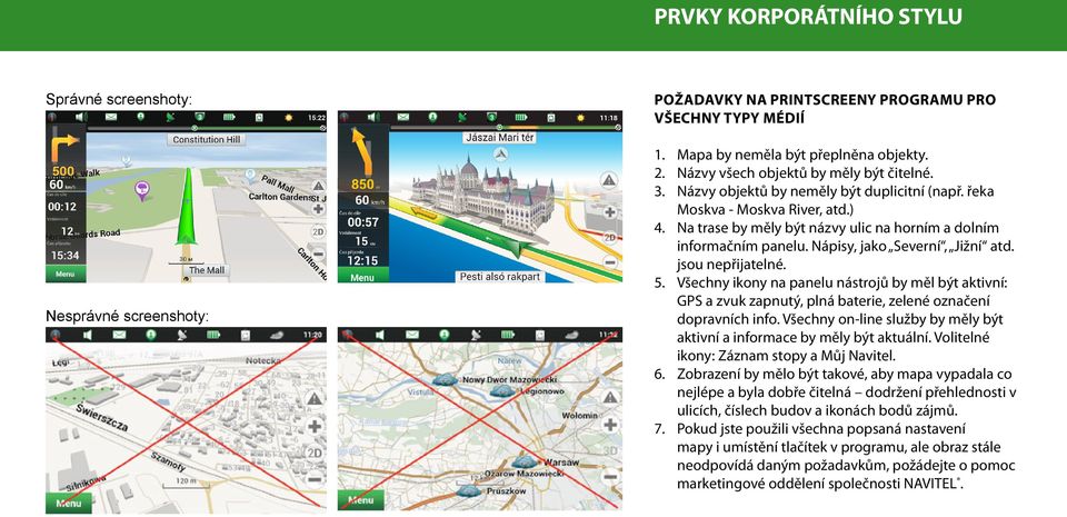 jsou nepřijatelné. 5. Všechny ikony na panelu nástrojů by měl být aktivní: GPS a zvuk zapnutý, plná baterie, zelené označení dopravních info.