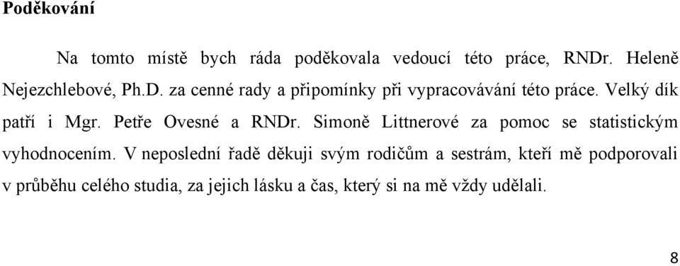 Velký dík patří i Mgr. Petře Ovesné a RNDr. Simoně Littnerové za pomoc se statistickým vyhodnocením.