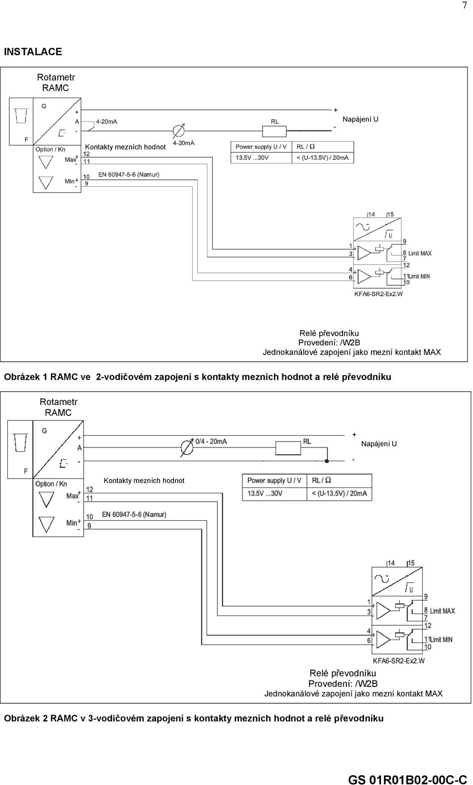 hodnot a relé převodníku Rotametr RAMC + Napájení U - Kontakty mezních hodnot Relé převodníku Provedení: /W2B