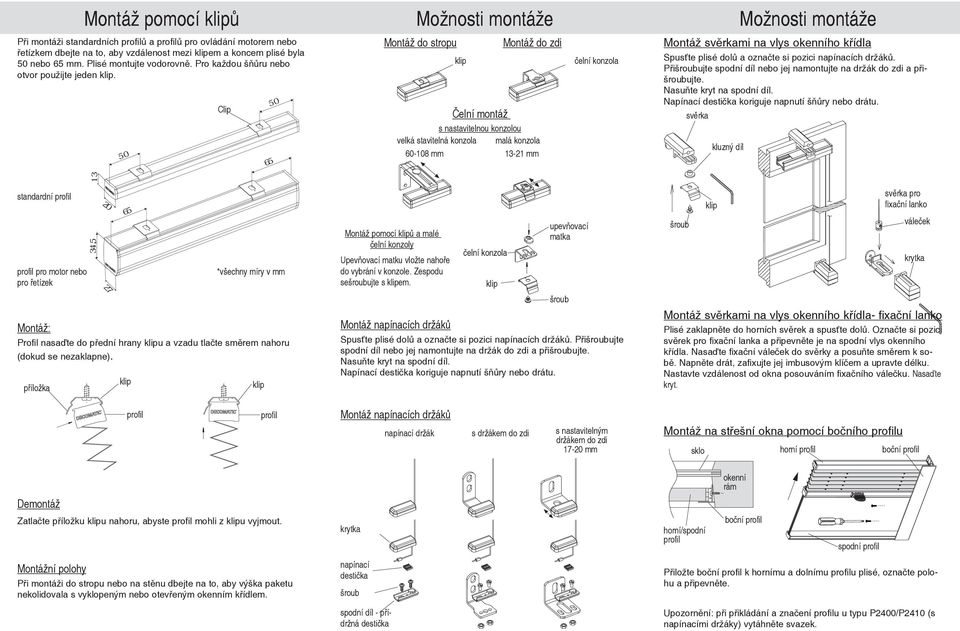 Clip Montáž do stropu Čelní montáž Montáž do zdi s nastavitelnou konzolou velká stavitelná konzola malá konzola 60-108 mm 13-21 mm čelní konzola Montáž svěrkami na vlys okenního křídla Spusťte plisé