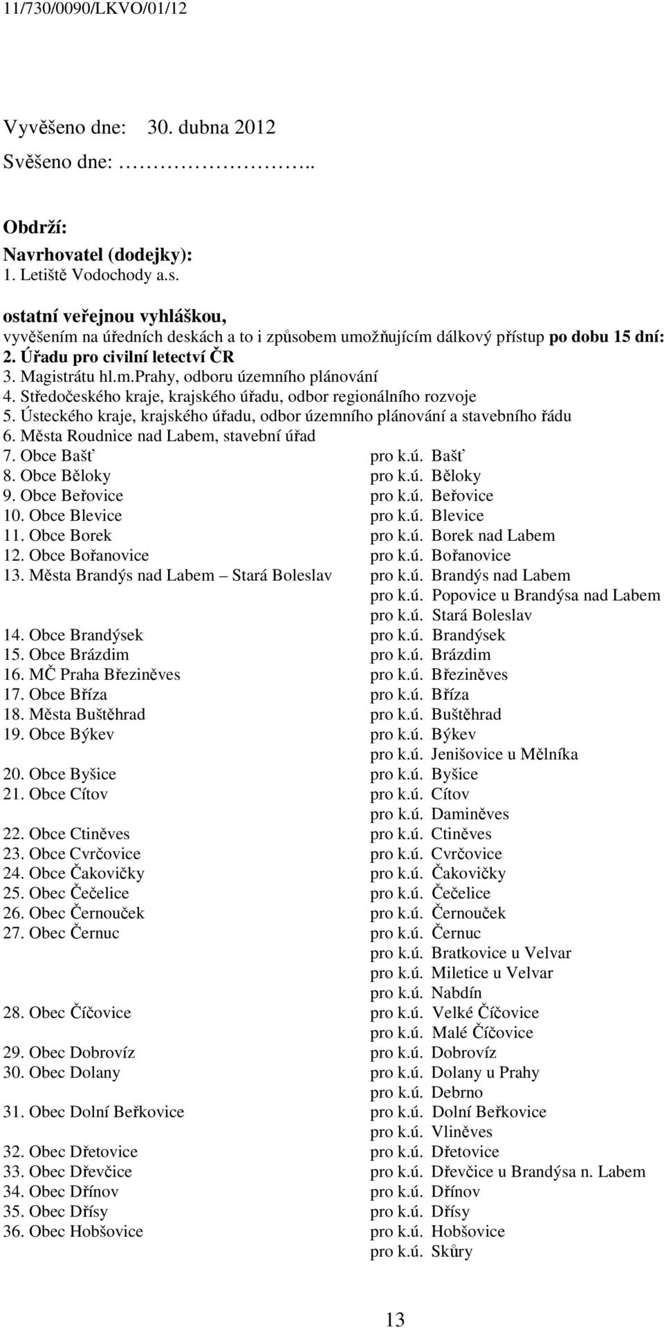 Středočeského kraje, krajského úřadu, odbor regionálního rozvoje 5. Ústeckého kraje, krajského úřadu, odbor územního plánování a stavebního řádu 6. Města Roudnice nad Labem, stavební úřad 7.