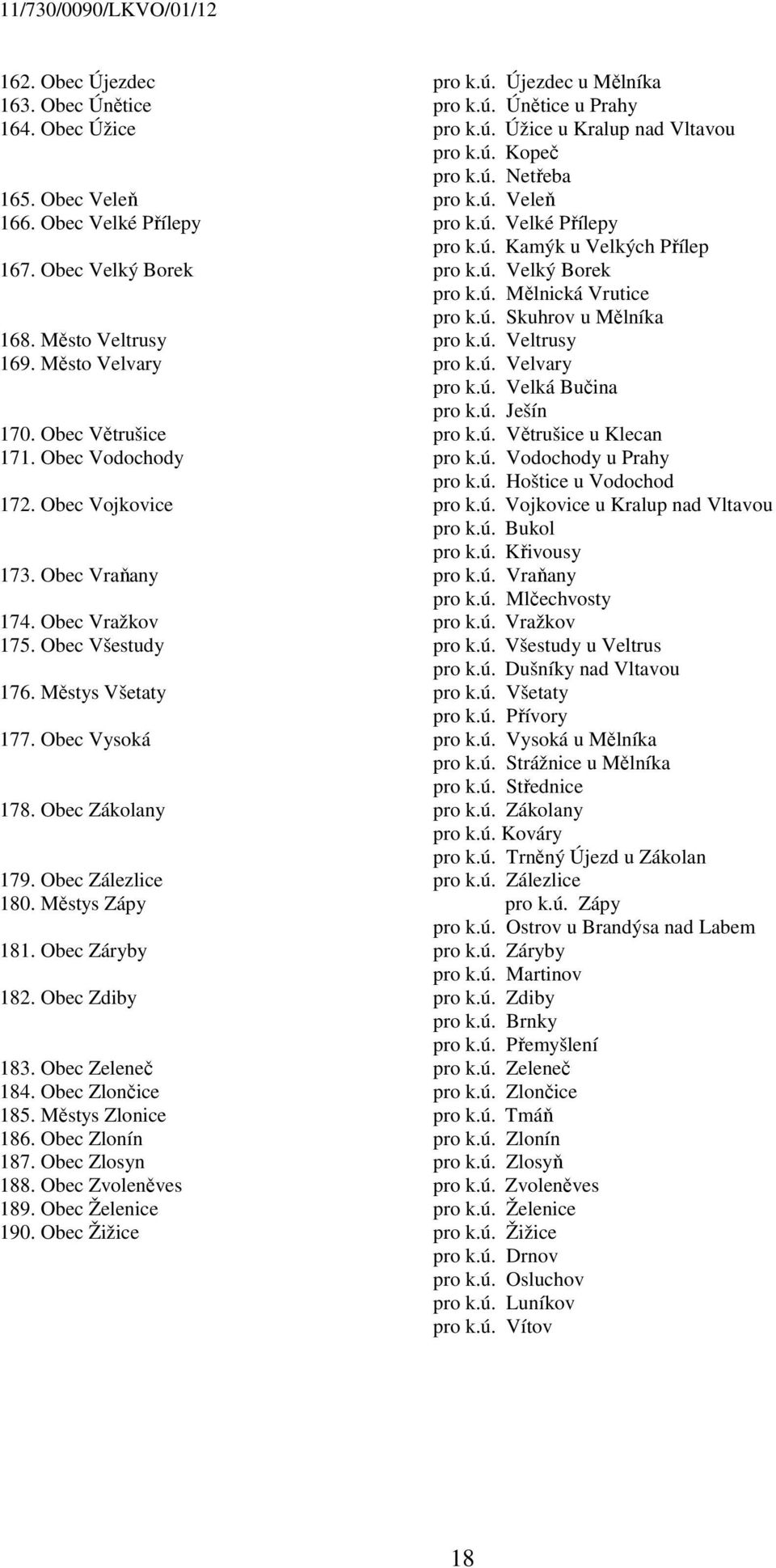 Město Velvary pro k.ú. Velvary pro k.ú. Velká Bučina pro k.ú. Ješín 170. Obec Větrušice pro k.ú. Větrušice u Klecan 171. Obec Vodochody pro k.ú. Vodochody u Prahy pro k.ú. Hoštice u Vodochod 172.
