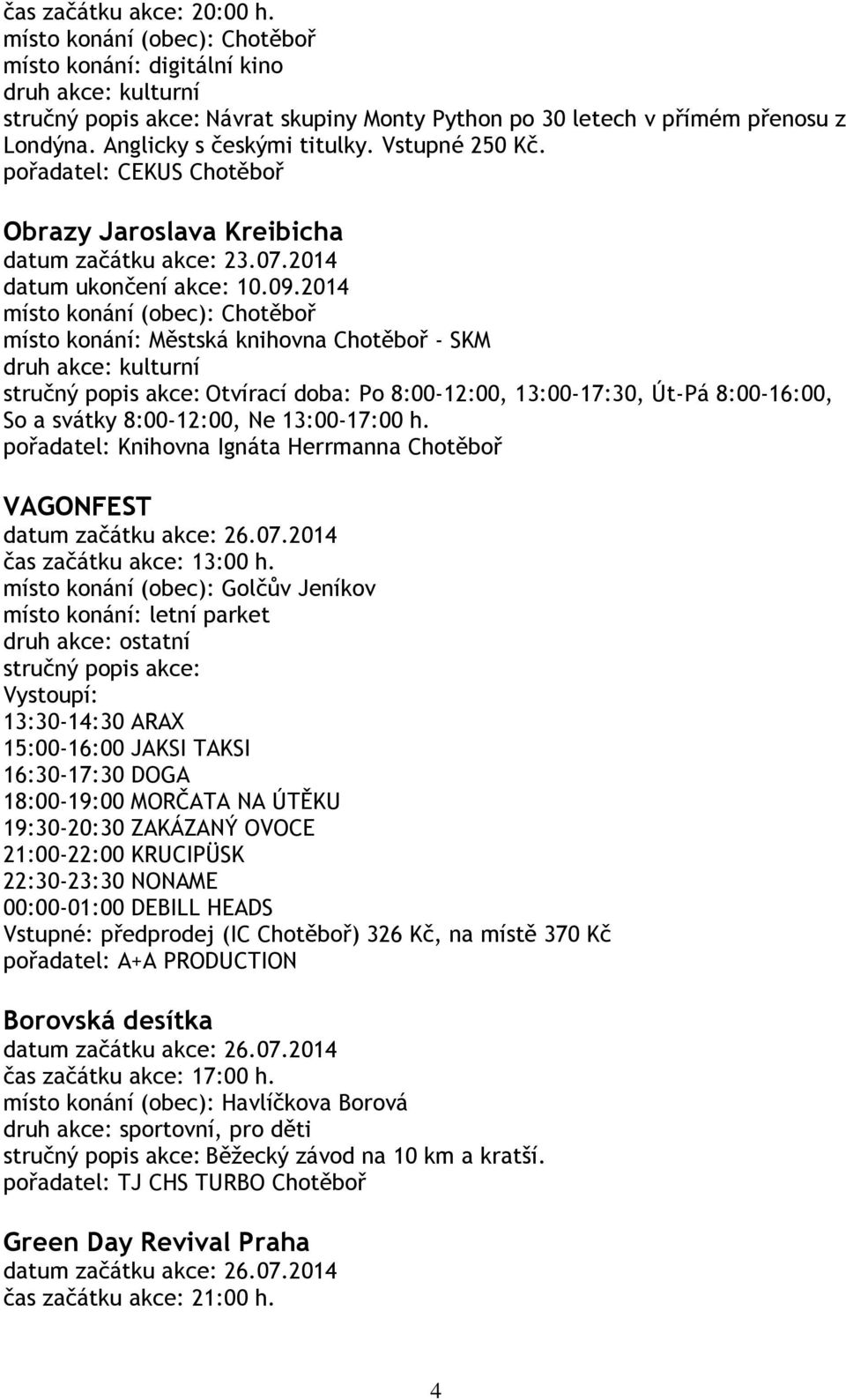 2014 místo konání: Městská knihovna Chotěboř - SKM stručný popis akce: Otvírací doba: Po 8:00-12:00, 13:00-17:30, Út-Pá 8:00-16:00, So a svátky 8:00-12:00, Ne 13:00-17:00 h.