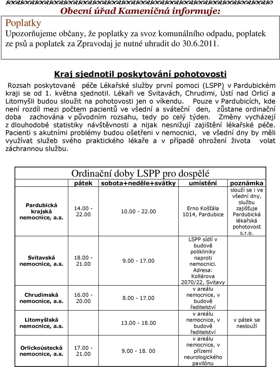 Lékaři ve Svitavách, Chrudimi, Ústí nad Orlicí a Litomyšli budou sloužit na pohotovosti jen o víkendu.