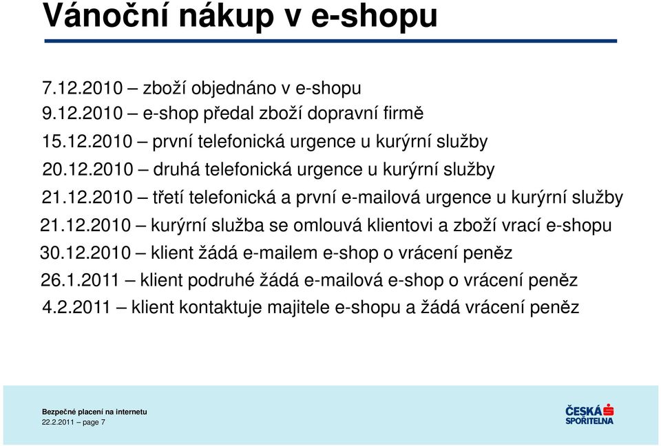 12.2010 klient žádá e-mailem e-shop o vrácení peněz 26.1.2011 klient podruhé žádá e-mailová e-shop o vrácení peněz 4.2.2011 klient kontaktuje majitele e-shopu a žádá vrácení peněz 22.