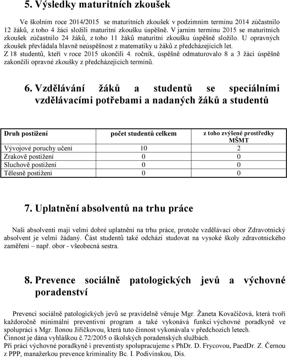 U opravných zkoušek převládala hlavně neúspěšnost z matematiky u žáků z předcházejících let. Z 18 studentů, kteří v roce 2015 ukončili 4.