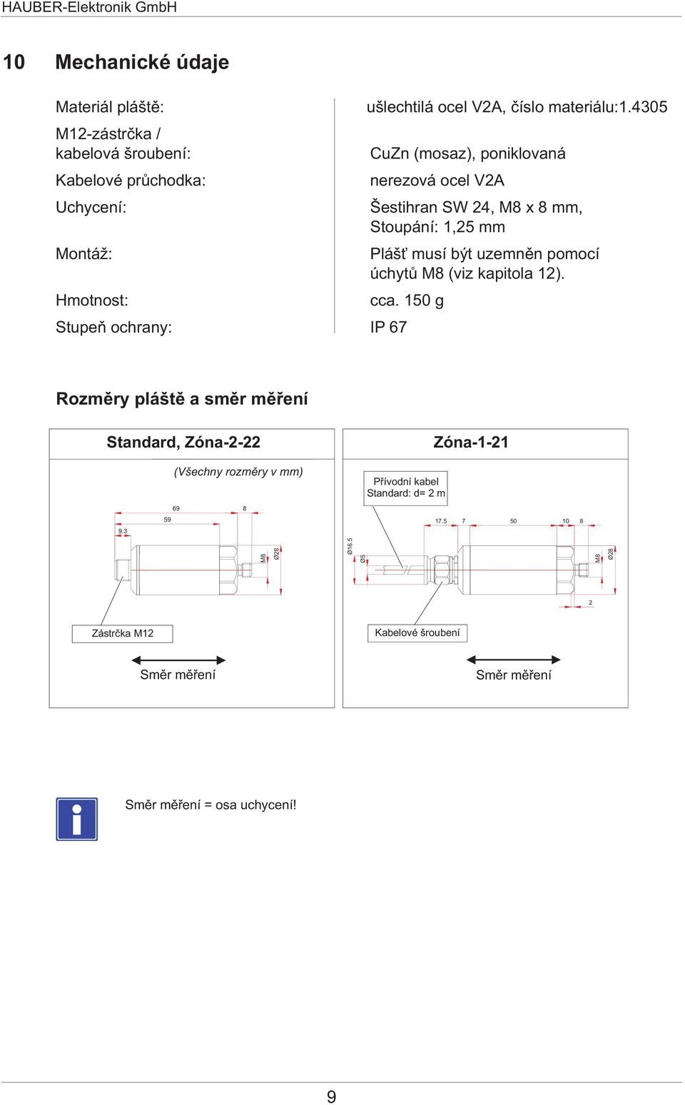 M8 x 8 mm, Stoupání: 1,25 mm cca. 150 g Stupeò ochrany: IP 67 Pláš musí být uzemnìn pomocí úchytù M8 (viz kapitola 12).