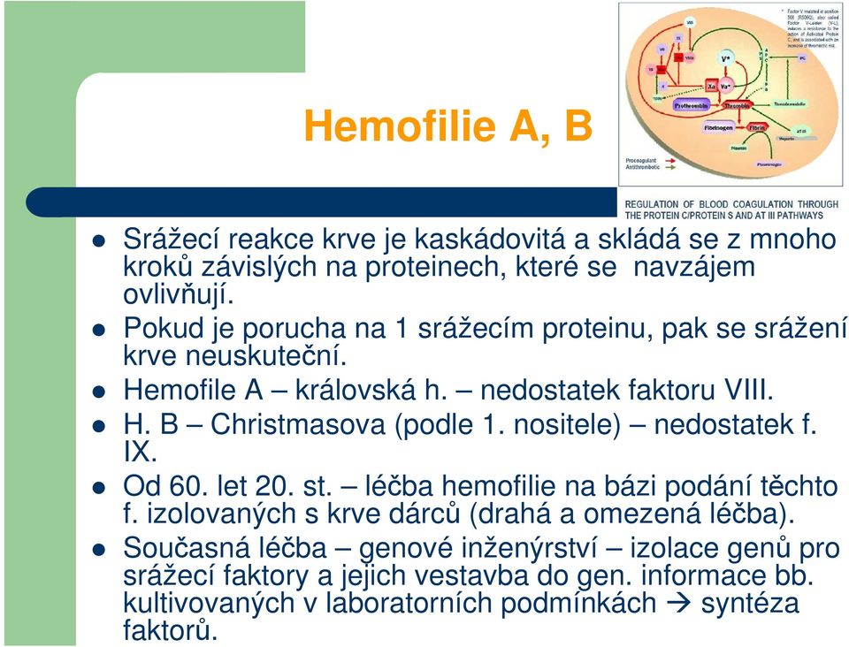 nositele) nedostatek f. IX. Od 60. let 20. st. léčba hemofilie na bázi podání těchto f. izolovaných s krve dárců (drahá a omezená léčba).