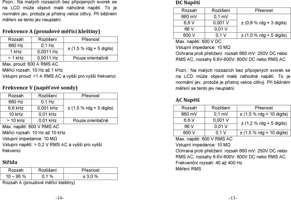 proud: 600 A RMS AC Měřicí rozsah: 10 Hz až 1 khz Vstupní proud: >1 A RMS AC a vyšší pro vyšší frekvenci Frekvence V (napěťovésondy) 660 Hz 0,1 Hz 6,6 khz 0,001 khz ± (1,5 % rdg + 5 digits) 10 khz