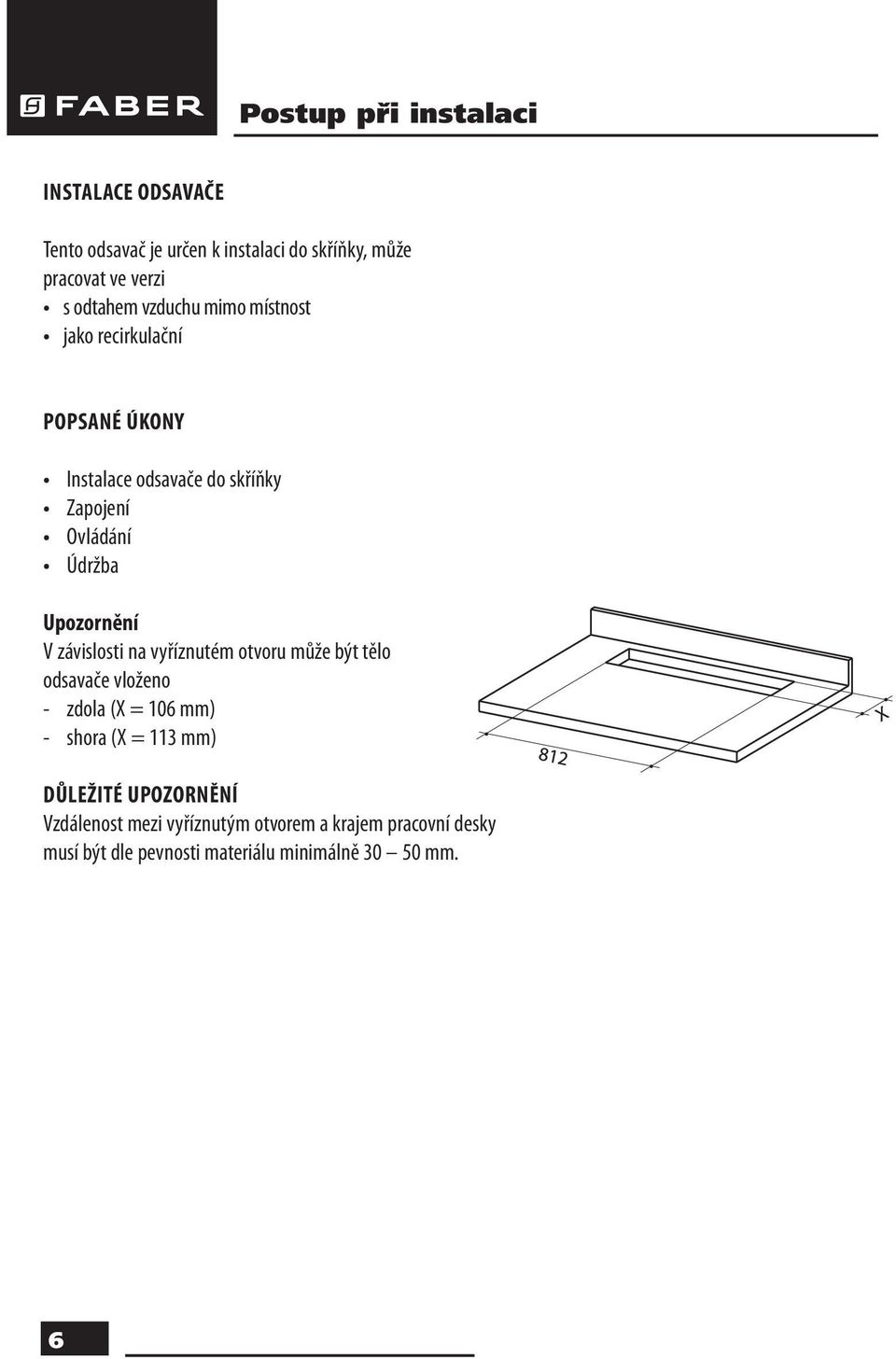 V závislosti na vyříznutém otvoru může být tělo odsavače vloženo - zdola (X = 106 mm) - shora (X = 113 mm) DŮLEŽITÉ