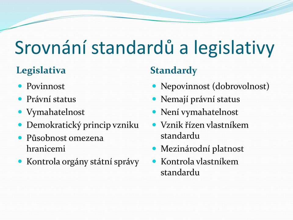 správy Standardy Nepovinnost (dobrovolnost) Nemají právní status Není