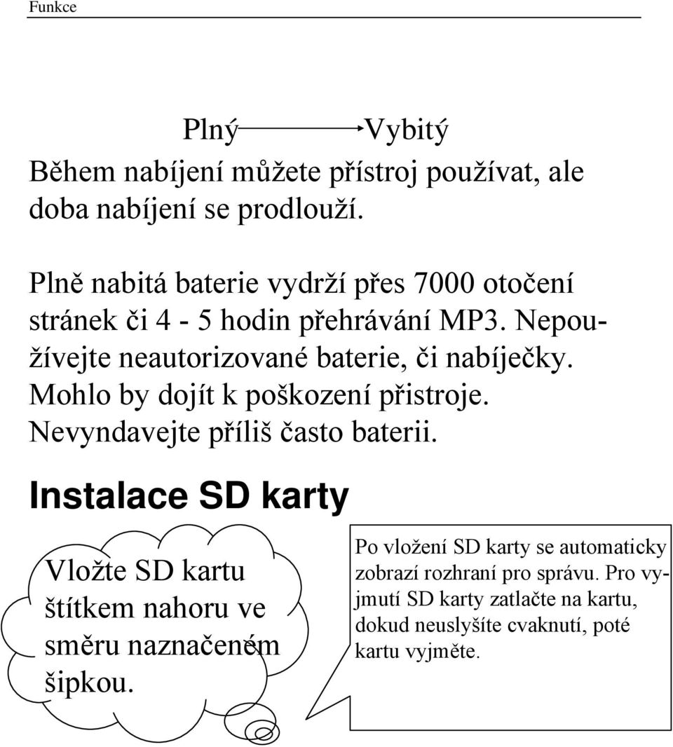 Nepoužívejte neautorizované baterie, či nabíječky. Mohlo by dojít k poškození přistroje. Nevyndavejte příliš často baterii.