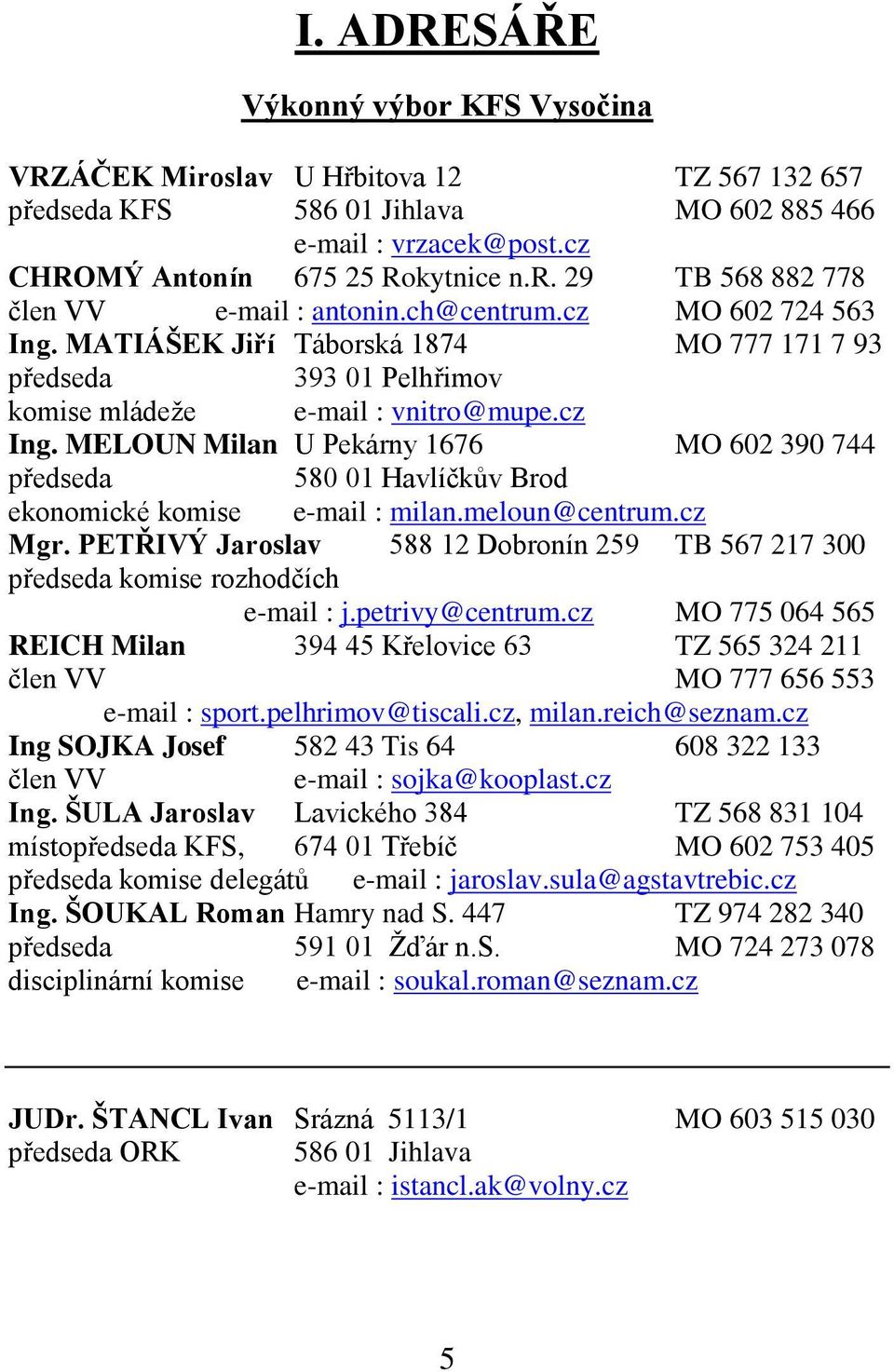 MELOUN Milan U Pekárny 1676 MO 602 390 744 předseda 580 01 Havlíčkův Brod ekonomické komise e-mail : milan.meloun@centrum.cz Mgr.