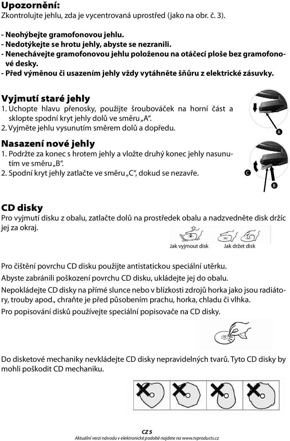 Uchopte hlavu přenosky, použijte šroubováček na horní část a sklopte spodní kryt jehly dolů ve směru A. 2. Vyjměte jehlu vysunutím směrem dolů a dopředu. Nasazení nové jehly 1.