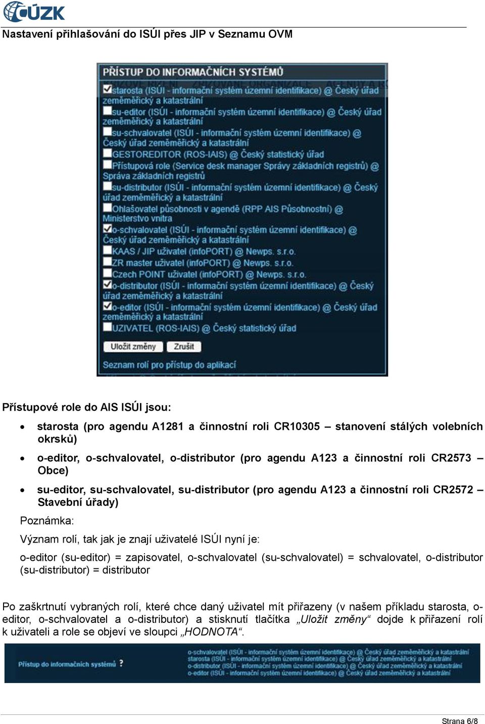 je: o-editor (su-editor) = zapisovatel, o-schvalovatel (su-schvalovatel) = schvalovatel, o-distributor (su-distributor) = distributor Po zaškrtnutí vybraných rolí, které chce daný uživatel