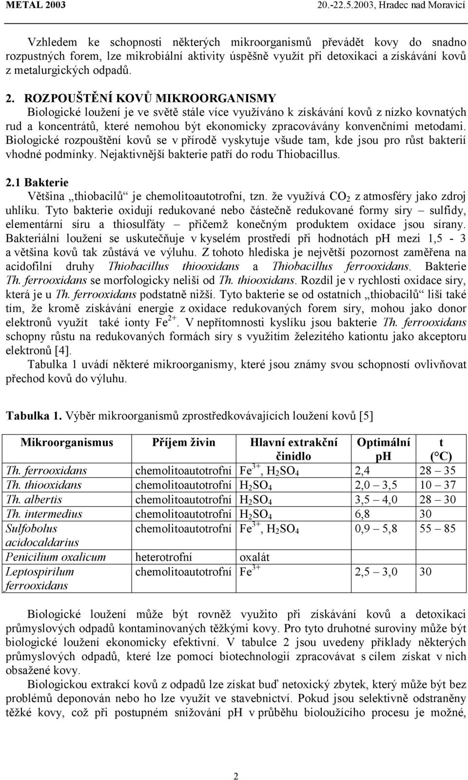 metodami. Biologické rozpouštění kovů se v přírodě vyskytuje všude tam, kde jsou pro růst bakterií vhodné podmínky. Nejaktivnější bakterie patří do rodu Thiobacillus. 2.