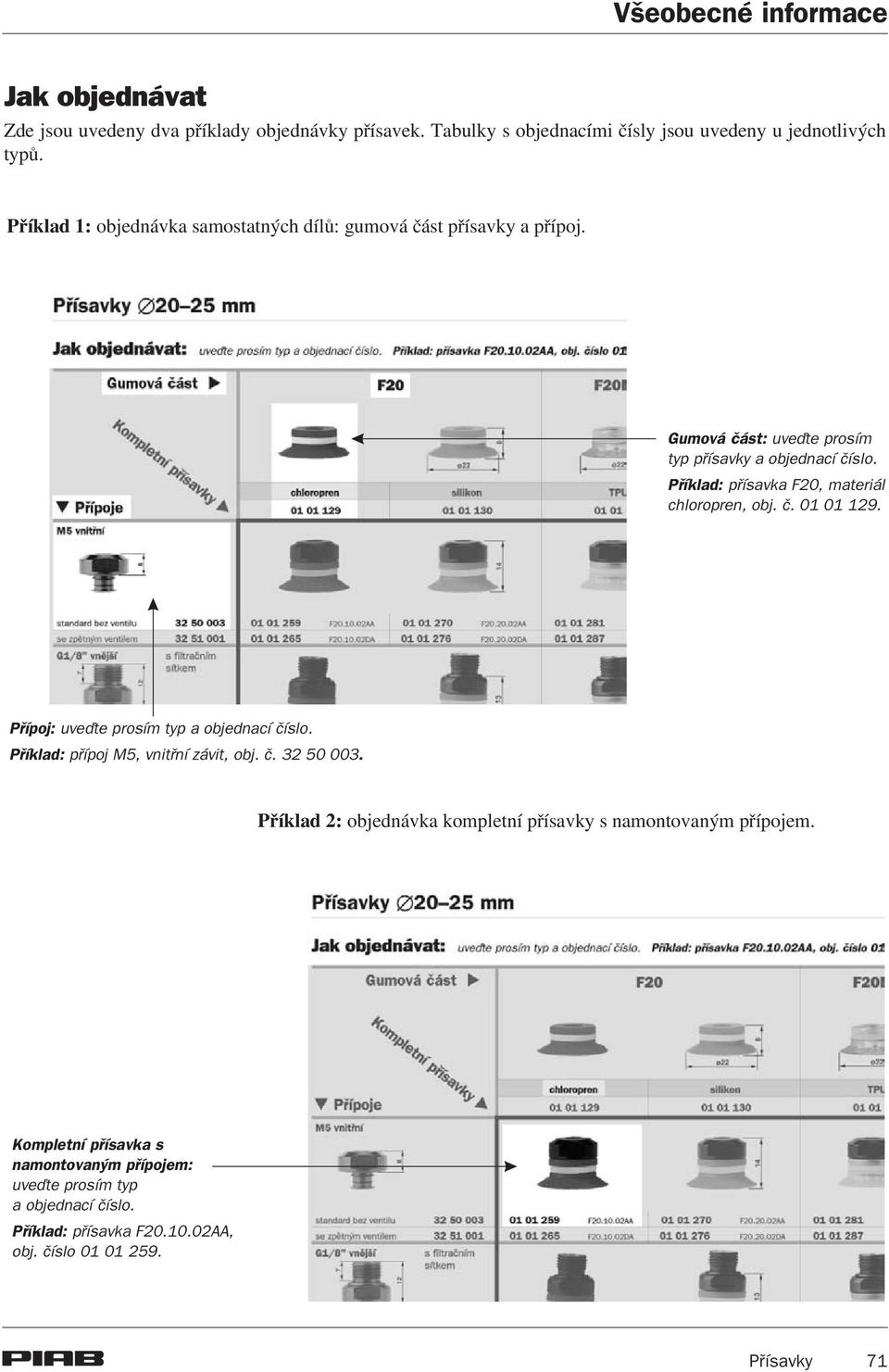 Pøíklad: pøísavka F20, materiál chloropren, obj. è. 01 01 129. Pøípoj: uveïte prosím typ a objednací èíslo. Pøíklad: pøípoj M5, vnitøní závit, obj. è. 32 50 003.