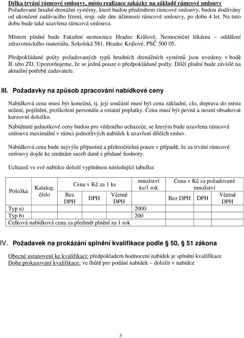 Místem plnění bude Fakultní nemocnice Hradec Králové, Nemocniční lékárna oddělení zdravotnického materiálu, Sokolská 581, Hradec Králové, PSČ 500 05.