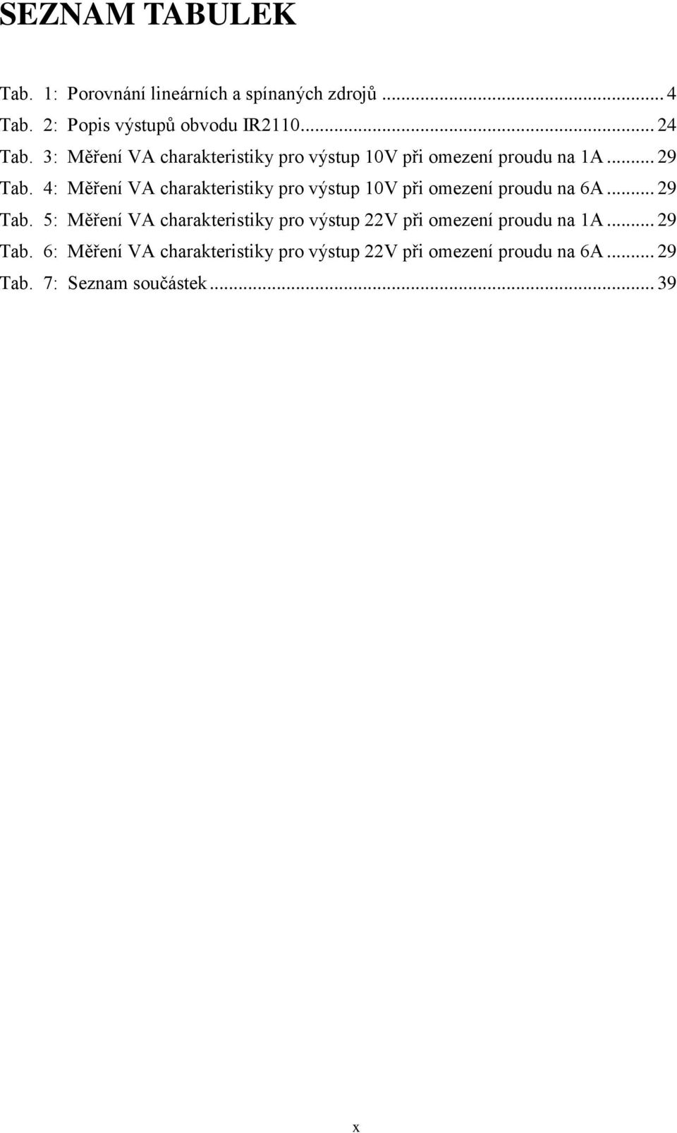 4: Měření VA charakteristiky pro výstup 10V při omezení proudu na 6A... 29 Tab.
