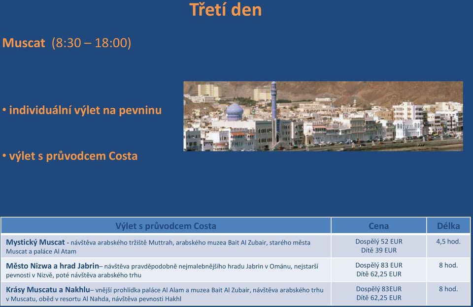 Ománu, nejstarší pevnosti v Nizvě, poté návštěva arabského trhu Krásy Muscatu a Nakhlu vnější prohlídka paláce Al Alam a muzea Bait Al Zubair, návštěva arabského