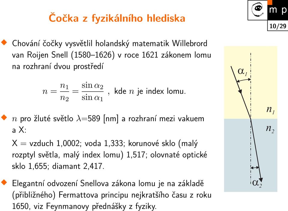 n pro žluté světlo λ=589 [nm] a rozhraní mezi vakuem a X: X = vzduch 1,0002; voda 1,333; korunové sklo (malý rozptyl světla, malý index lomu)