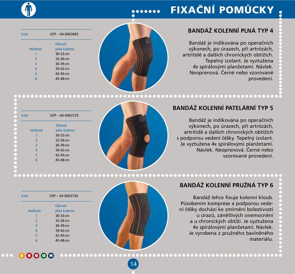 Bandáž kolenní patelární typ 5 kód VZP 04-0063729 Obvod Velikost přes koleno 1 30-33 cm 2 33-36 cm 3 36-39 cm 4 39-42 cm 5 42-45 cm 6 45-48 cm Bandáž je indikována po operačních výkonech, po úrazech,