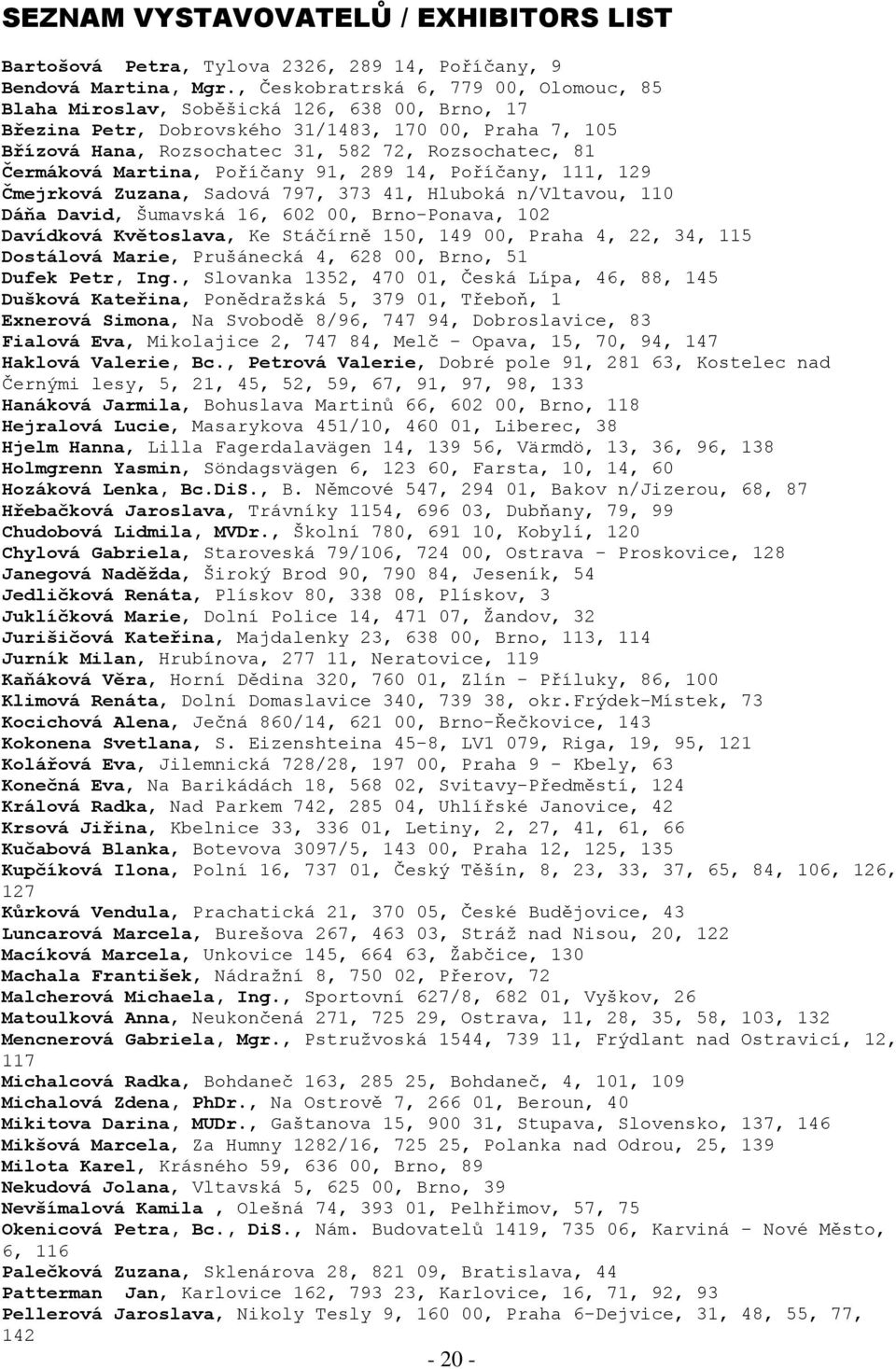 Čermáková Martina, Poříčany 91, 289 14, Poříčany, 111, 129 Čmejrková Zuzana, Sadová 797, 373 41, Hluboká n/vltavou, 110 Dáňa David, Šumavská 16, 602 00, Brno-Ponava, 102 Davídková Květoslava, Ke