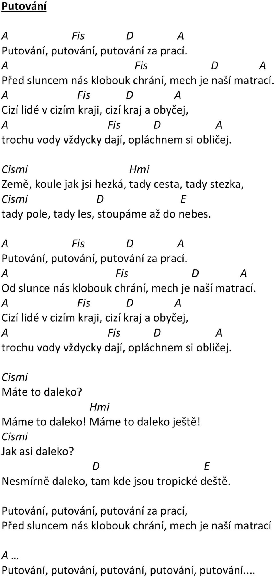 Od slunce nás klobouk chrání, mech je naší matrací. Cizí lidé v cizím kraji, cizí kraj a obyčej, trochu vody vždycky dají, opláchnem si obličej. Cismi Máte to daleko? Hmi Máme to daleko!