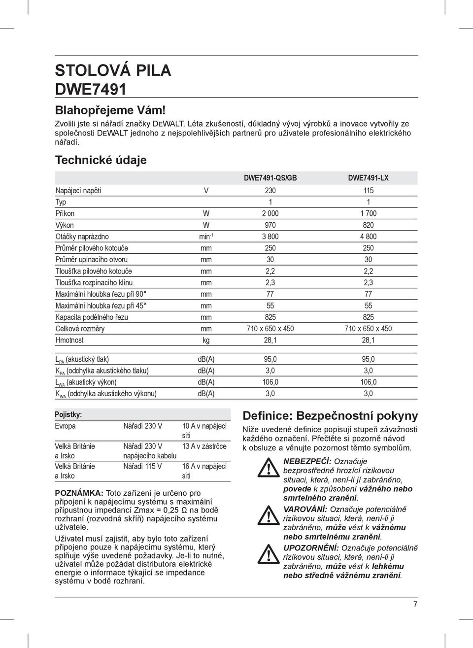 Technické údaje DWE7491-QS/GB DWE7491-LX Napájecí napětí V 230 115 Typ 1 1 Příkon W 2 000 1 700 Výkon W 970 820 Otáčky naprázdno min -1 3 800 4 800 Průměr pilového kotouče mm 250 250 Průměr upínacího