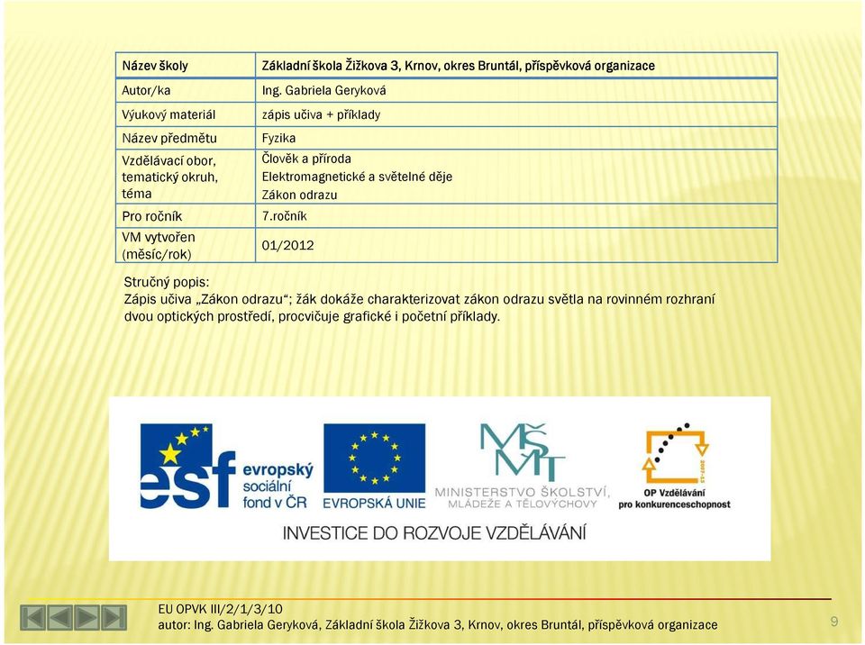 a příroda Elektromagnetické a světelné děje ákon odrazu Pro ročník VM vytvořen (měsíc/rok) 7.