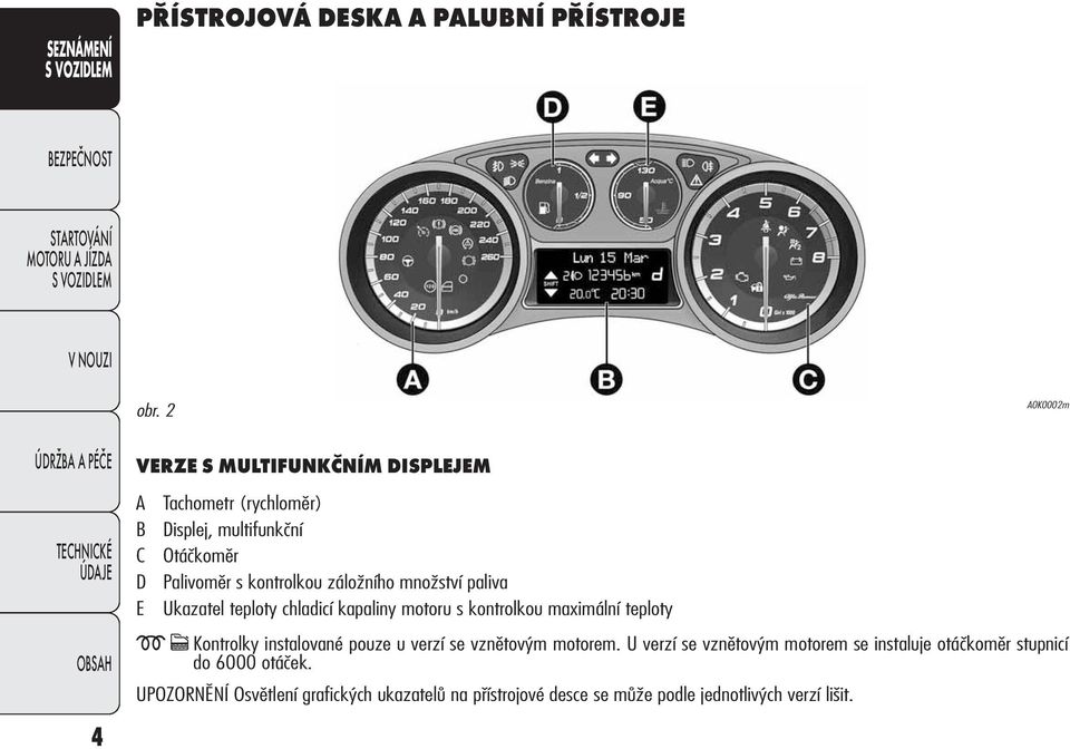 záložního množství paliva Ukazatel teploty chladicí kapaliny motoru s kontrolkou maximální teploty m c Kontrolky instalované pouze