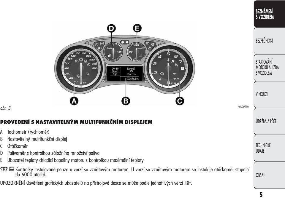 Otáčkoměr Palivoměr s kontrolkou záložního množství paliva Ukazatel teploty chladicí kapaliny motoru s kontrolkou maximální