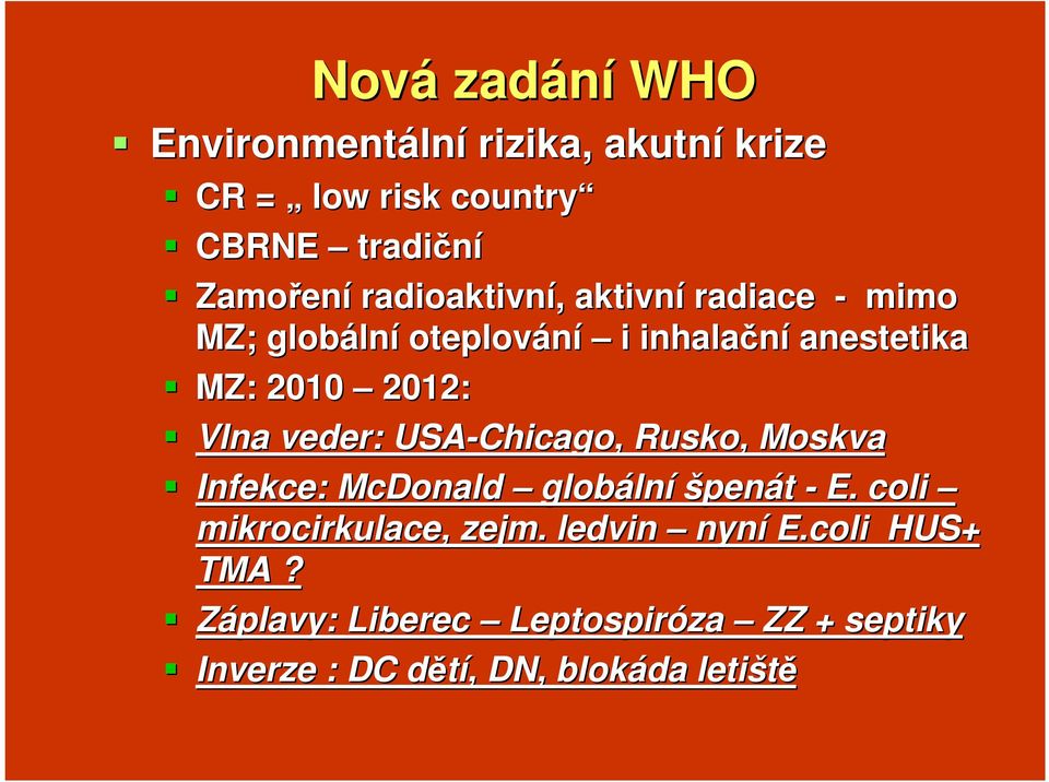 veder: USA-Chicago, Rusko, Moskva Infekce: McDonald globáln lní špenát - E. coli mikrocirkulace,, zejm.