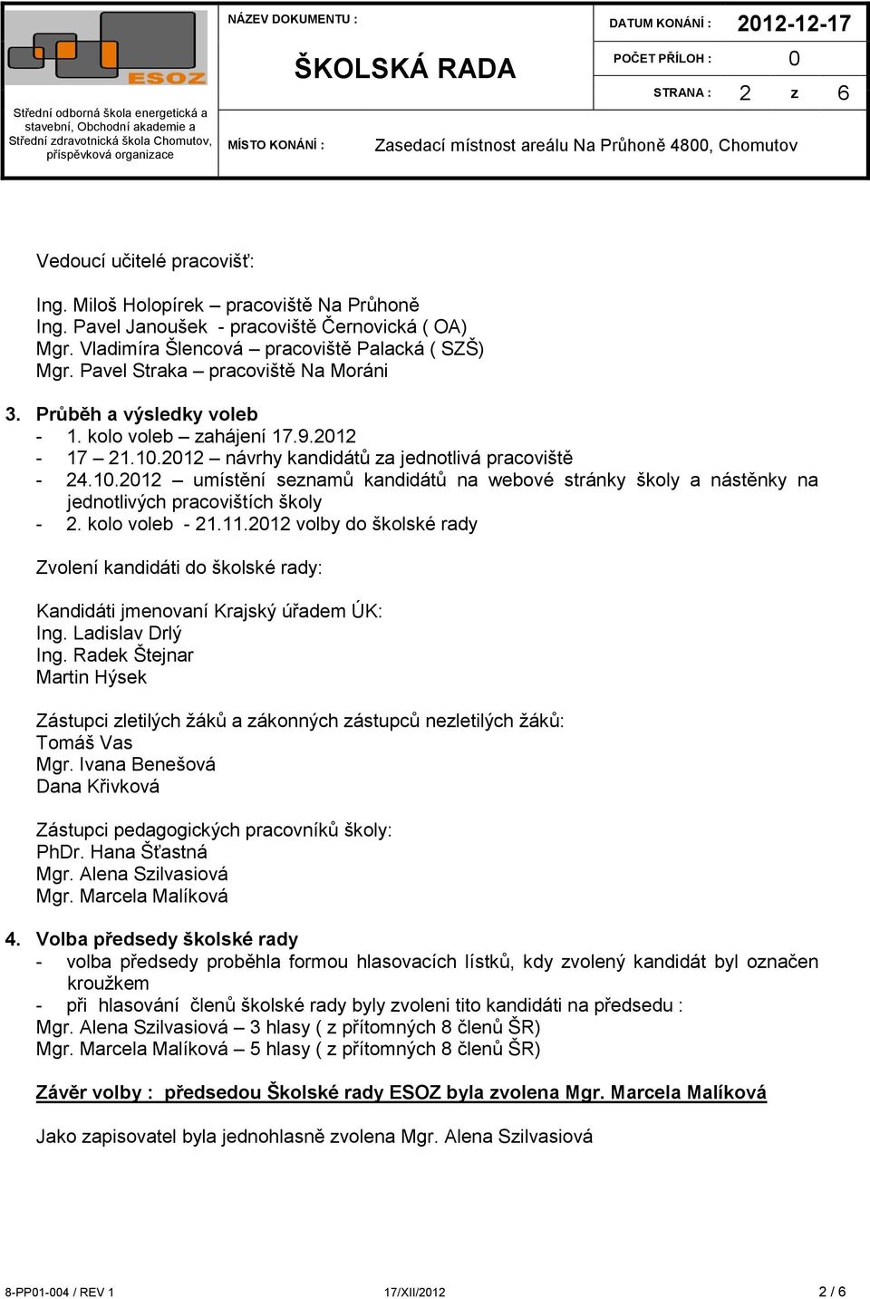 2012 návrhy kandidátů za jednotlivá pracoviště - 24.10.2012 umístění seznamů kandidátů na webové stránky školy a nástěnky na jednotlivých pracovištích školy - 2. kolo voleb - 21.11.