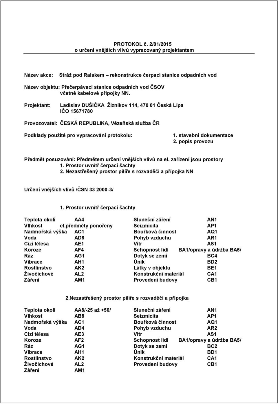 kabelové přípojky NN. Projektant: Ladislav DUŠIČKA Žizníkov 114, 470 01 Česká Lípa IČO 15671780 Provozovatel: ČESKÁ REPUBLIKA, Vězeňská služba ČR Podklady použité pro vypracování protokolu: 1.