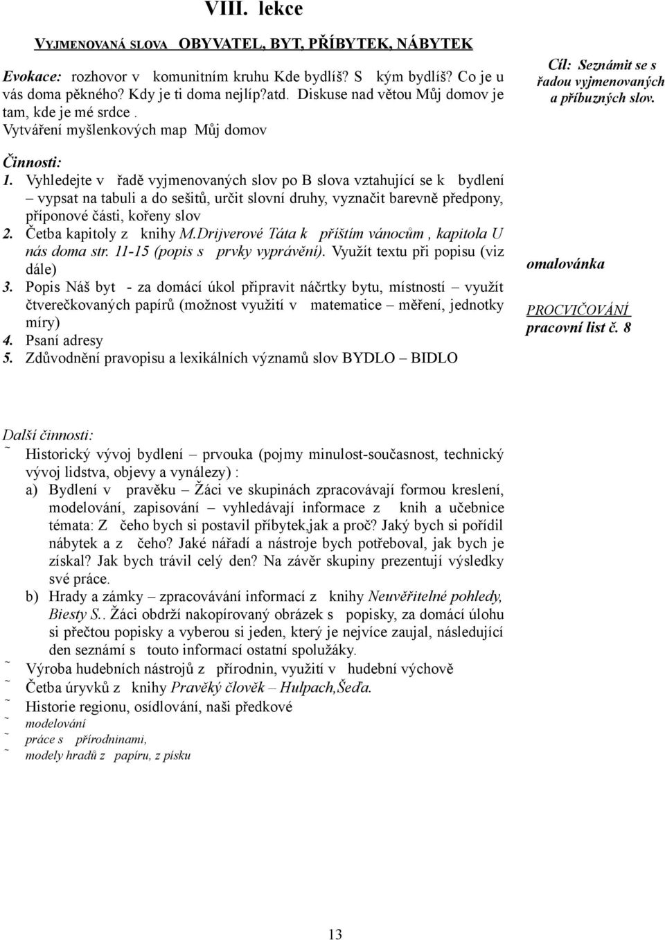 Vyhledejte v řadě vyjmenovaných slov po B slova vztahující se k bydlení vypsat na tabuli a do sešitů, určit slovní druhy, vyznačit barevně předpony, příponové části, kořeny slov 2.