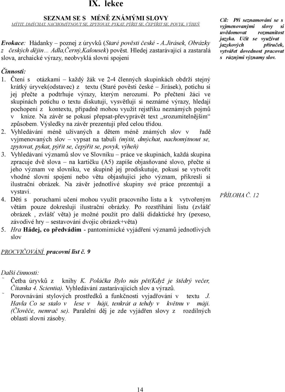 Čtení s otázkami každý žák ve 2-4 členných skupinkách obdrží stejný krátký úryvek(odstavec) z textu (Staré pověsti české Jirásek), potichu si jej přečte a podtrhuje výrazy, kterým nerozumí.