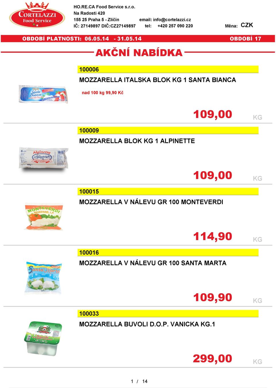 tel: +420 257 090 220 Měna: CZK 100006 MOZZARELLA ITALSKA BLOK 1 SANTA BIANCA nad