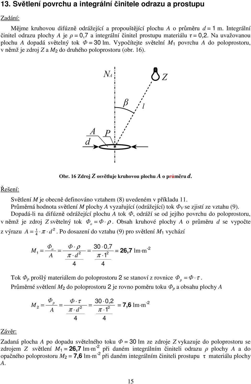 Vypočítejte světelní M povrchu A do poloprostoru v němž je zdroj a M do druhého poloprostoru (obr. 6). Řešení: Obr. 6 droj osvětluje kruhovou plochu A o průměru d.