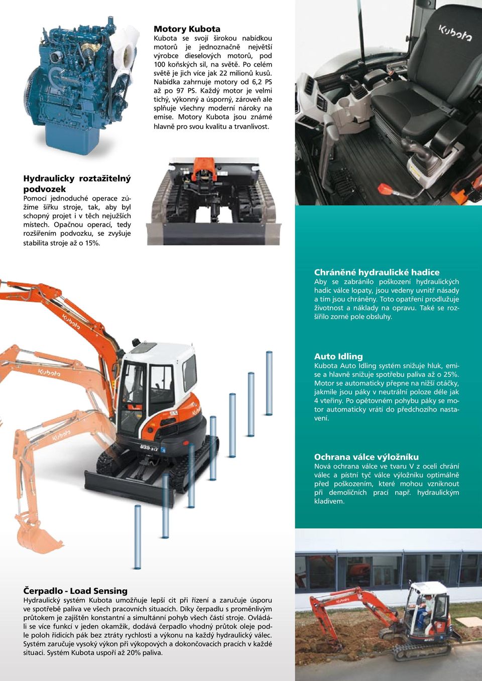 Motory Kubota jsou známé hlavně pro svou kvalitu a trvanlivost. Hydraulicky roztažitelný podvozek Pomocí jednoduché operace zúžíme šířku stroje, tak, aby byl schopný projet i v těch nejužších místech.