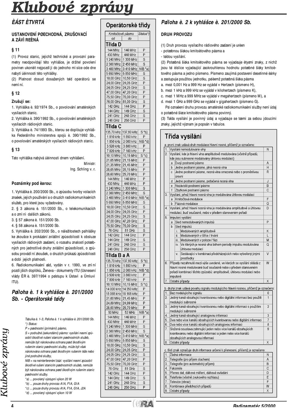 , o povolování amatérských vysílacích stanic. 2. Vyhláška è. 390/1992 Sb., o povolování amatérských vysílacích rádiových stanic. 3. Vyhláška è. 74/1993 Sb.