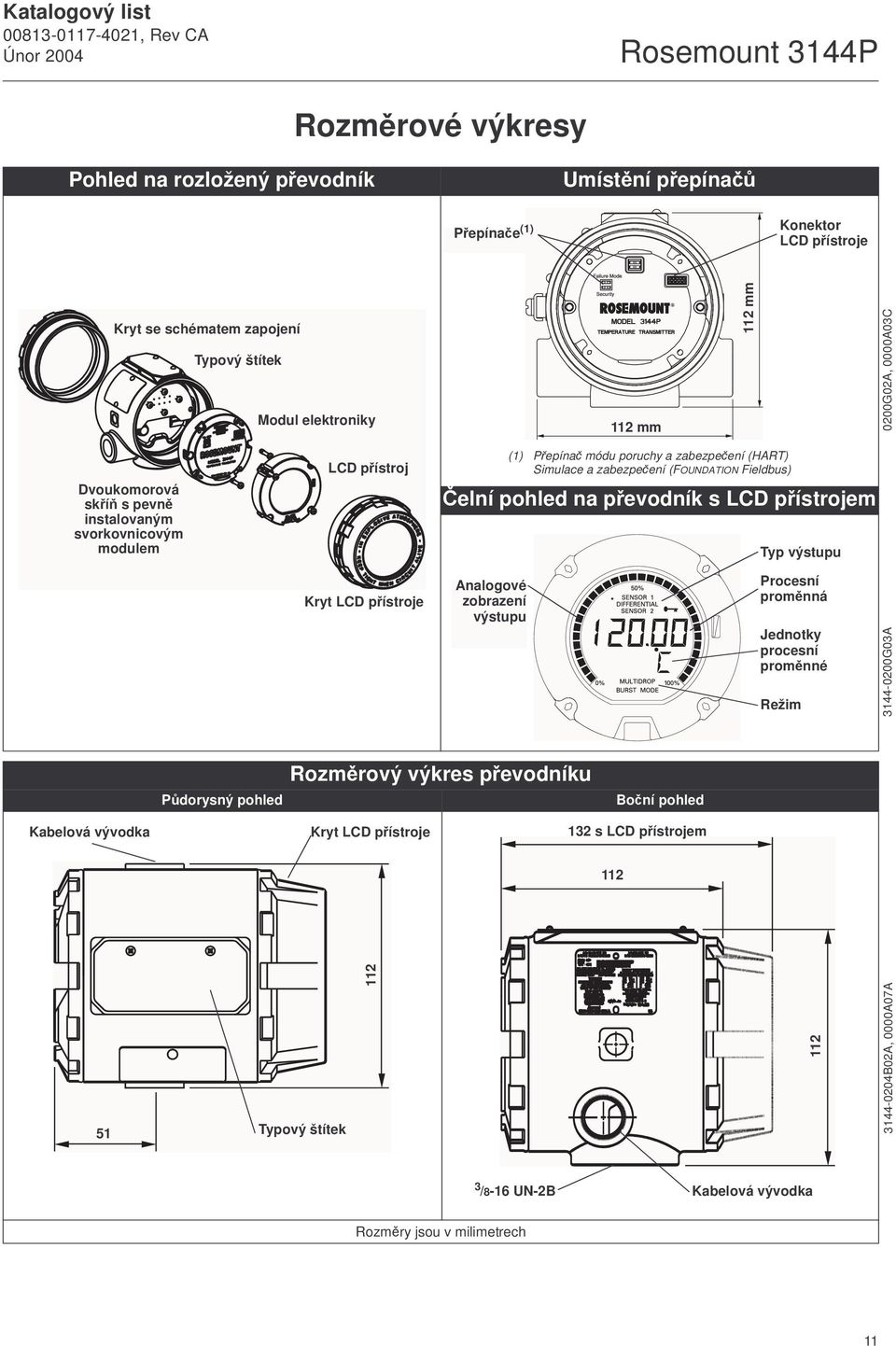 Fieldbus) Čelní pohled na převodník s LCD přístrojem Typ výstupu Kryt LCD přístroje Analogové zobrazení výstupu Procesní proměnná Jednotky procesní proměnné Režim 3144-0200G03A Půdorysný pohled