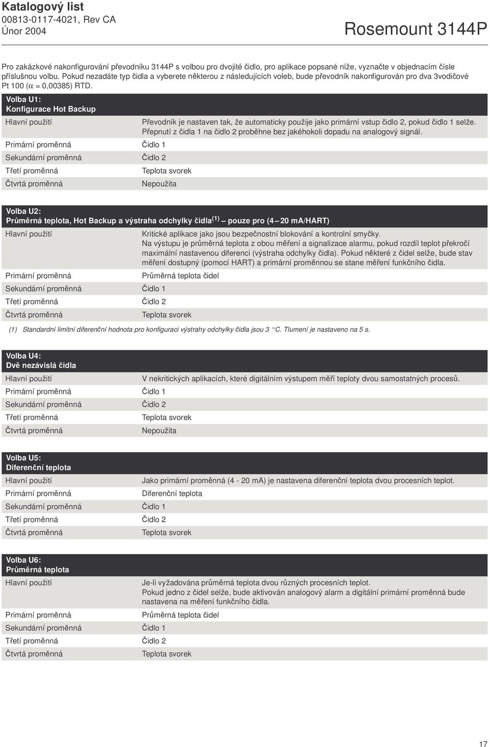 Volba U1: Konfigurace Hot Backup Hlavní použití Primární proměnná Čidlo 1 Sekundární proměnná Čidlo 2 Třetí proměnná Teplota svorek Čtvrtá proměnná Převodník je nastaven tak, že automaticky použije