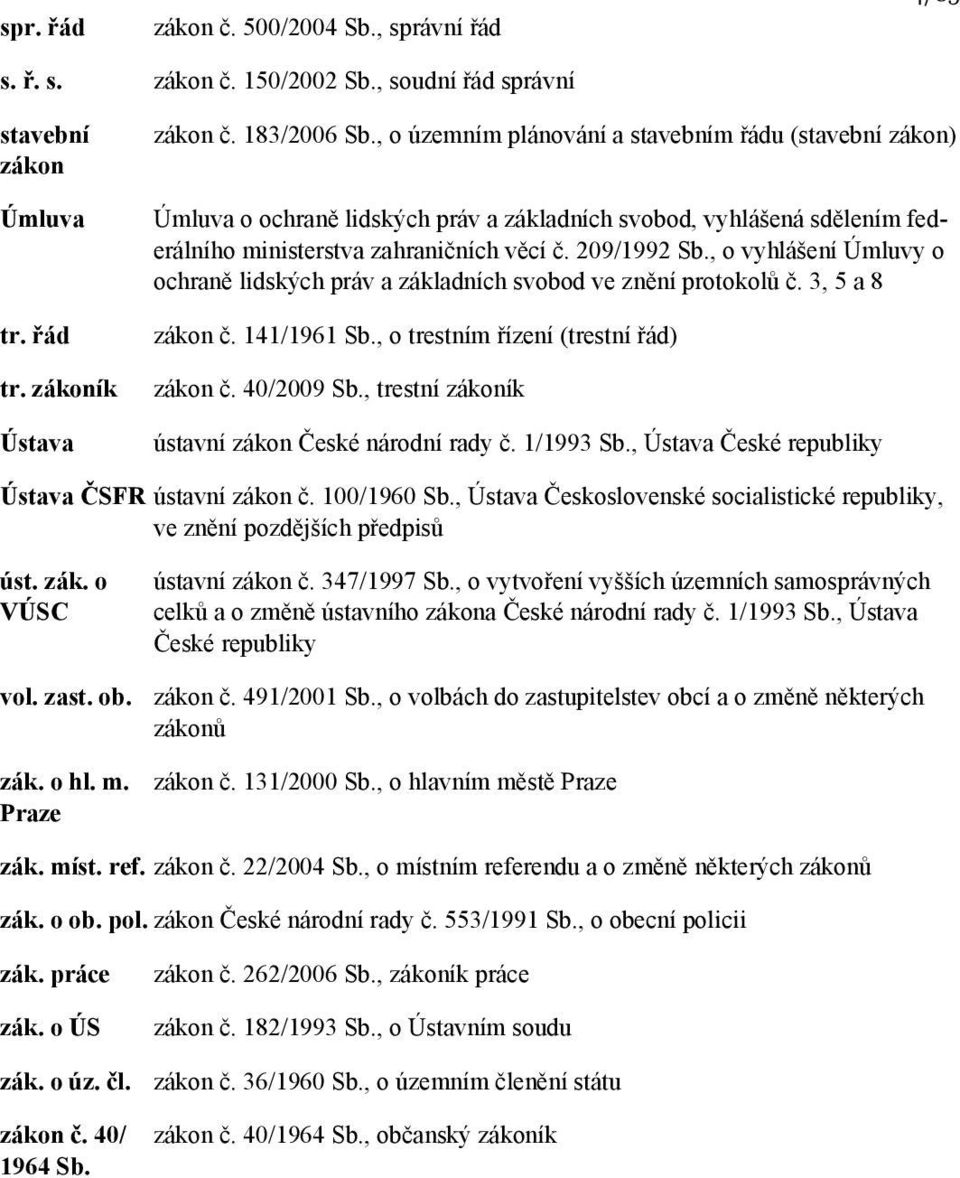 , o vyhlášení Úmluvy o ochraně lidských práv a základních svobod ve znění protokolů č. 3, 5 a 8 zákon č. 141/1961 Sb., o trestním řízení (trestní řád) zákon č. 40/2009 Sb.